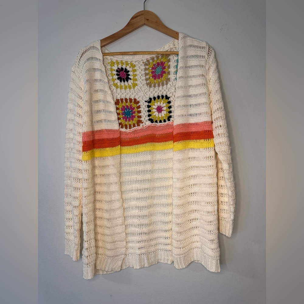 Boho Crochet Cardigan Granny Square Open Front Cream Rainbow Festival Sweater - Picture 1 of 4